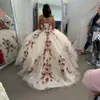 2022 modesto champanhe beading mangas quinceanera vestidos v-pescoço vermelho floral verde bordado applique frisado doce 15 meninas desfiladeiras tule