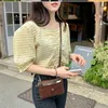 Ceinture Jaune Short Shirt Summer Casual Vintage Blouses Sleeve Coton Plaid Coton Blouse Femmes Top Femme 210417