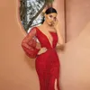 Red One Shoulder Single Long Sleeve Evening Dresses Split Glitter Sexy Mermaid Prom Gowns Floor Length Formal Dress