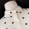 Women Polka Dot Mandarin Collar Beige Puff Sleeve Full Shirt Long Korean Top Fall Autumn B0169 210514