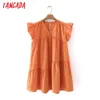 Été femmes Orange col en V volants à manches courtes dames Mini robe Vestidos 5X50 210416