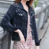 Jocoo Jolee Höst Pearl Beading Crop Denim Jackor Kvinnor Jeans Bomber Jacka Koreansk Långärmad Denim Coat Plus Storlek 5xl 210518