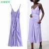 Vuwwwyv Dresses Purple Print Backless Slip Midi Kobiety Letni Cienki Pasek Plisowana Kobieta Sexy Party Vestidos 210430