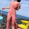 夏のレースアップVネックシフォンドレス女性半袖花柄レッドフリルパーティーミディロングドレスvestido 10178 210417