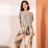 Été femmes col en v feuilles imprimé pyjamas ensemble dames confort Style Simple vêtements de nuit lâche doux tenue décontracté Homewear 210809