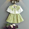 Gooporson Lato Little Girls Clotce Cute Plaid Koronki Kołnierz Krótki Rękaw Shirtskirt Cartoon Dzieci Odzież Set Dzieci Stroje 210715