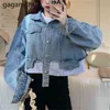 Kvinnors beskurna jeans jacka denim korta kappor vårfickor vintage casual jackor mode kvinna streetwear 210601
