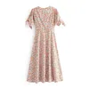 Женщины O шеи MIDI платье Летнее цветочные принты Boho Split Bow Gail с коротким рукавом Beach повседневная ES Sundress 210508