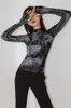 Chearart Tie Dye Grey Black TurtleNeckの女性TShirtsボディコン長袖トップレディース秋ファッションティーシャツフェムメ衣料品210720