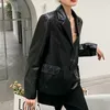 AELEGANTMIS韓国カジュアルルースフェイクレザージャケット女性春高品質​​PUブレザーコート女性シックレトロ薄型ブラック210607