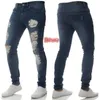 Mężczyzn dżinsy Zerwane otwór Slim Fit Casual Mens Steet Zużycie Zatrzymane Pencil Spodnie Czarne jasnoniebieskie spodnie dżinsowe Pełna długość spodni 210251N