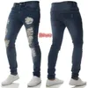 Herr Jeans Ripped Hole Slim Fit Casual Herr Steet Wear Distressed Pencil Byxor Svart Ljusblå Denim Byxor Hellängd Byxa 210622