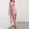 Summer Women'S High-Quality Sexy V-Neck Button Pink Striped Split Sweater Dress Elegant Club Banquet 210525