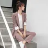 autumn casual ladies suit pants two-piece Korean fashion loose gray jacket female Elegant trousers for women 210527