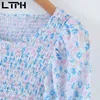Französisches Blumendruck-Frauenkleid O-Ausschnitt Puffärmel Ganzkörper-elastisch Falten hohe Taille schlanke Vintage-Kleider Sommer 210427