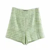 Grön gitter Twill Tweed Jacket Coats Kvinnors uppsättningar Spring Ladies Leisure Blazer High Waist Shorts 210421