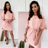 Women Leisure Sashes Mini Dress Solid O Neck Half Butterfly Sleeve Sommar Sundress Holiday Casual Party Club Sexy Lady Dresses 210412