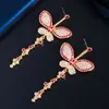 Luxury Micro Pave CZ Ruby Red Topaz Cute Silver Long Big Butterfly Dangle Earrings for Women Party Wedding Gift CZ763 210714