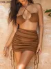 Two Piece Set Women Skirt And Top Summer Sexy Outfits Festival Clothing Ruched Bodycon Dress Sets Mini Crop 220302