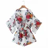 Spring Women Flower Print Chiffon V Neck Lace Up Bowknot Siamese Shorts Casual Lady Pagoda Sleeve Lösa Jumpsuits P1979 210430