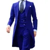 Royal Blue Long Tail Coat 3 Piece Tuxedos Gentleman Man Passar Man Mode Groom Tuxedo För Bröllop Prom Jacka Midja med byxor