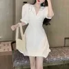 Ezgaga Zarif Elbise Kadın V Yaka Kısa Puf Kollu Yüksek Bel Balo Katı Ince Tatlı Kore Kız Bandaj Elbise Vestidos 210430