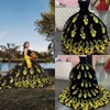 2022 Fantastique Floral Brodé Appliques Quinceanera Robes Noir Meixcan Style Perles Perles Bretelles Robes De Bal Doux 16 Filles Long Train