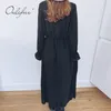 Весенние женщины Maxi Пляжный рукав Черное кружевное вязание крючком Длинное Платье 210415