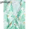 Camicia con camicetta con volant con stampa floreale verde Donna con scollo a V Manica corta Casual ropa mujer Summer Top Plus Size Blusas 210514