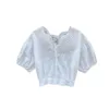 Mulheres Retrô Lace V-pescoço Recorte de Manga Curta Camisa Chique Tops Blusas Femininas Elegante K768 210527