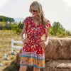 Summer Beach A-Line Print Robe Positionnement Fleur-Breasted Cross Tie Noeud Volants Robe à manches pour femmes Robes Robe 210514