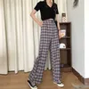 Simple Vintage Plaid Causal Long Femmes Pantalon Street Fashion Straight Wide Leg Pant 210915