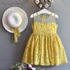 Humor urso meninas conjuntos de roupas verão novo padrão flor vestido + chapéu sol menina flor design emenda gaze vestido em camadas