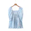 Bright Like Silk BLUE Floral Print Ball Gown Dress Puff Sleeve Retro Women Ruched Pleated Waist Mini Party Dresses Fairy 210429