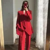Autumn Women 2pcs Set Suit Office Ladies Turn-down Collar Black/Red Blazer And Wide Leg High Waist Pants Female Fashion 20211