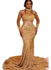 Aso Ebi 2021 Arabisch Plus Size Meerjungfrau Luxuriöse Gold Ballkleider Stehkragen Perlen Pailletten Abend Formale Party Zweite Empfangskleider Kleid ZJ660