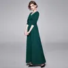 Women Spring Summer Designer Elegant Ruched Button V Neck Party Robe Ladies Vintage Sexy Slim Dark Green Maxi Dress Vestidos 210525