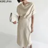 Korejpaa Women Dress Summer French Elegant Pile Collar Design Sense Three-Button Waist Irregular Short-Sleeved Wrap Vestido 210526