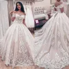 Champagne A Line Wedding Dresses Bridal Gowns Off Shoulder Arabic Lace Appliques Beads Short Sleeves Corset Back Court Train Tulle Formal Ball Gown Plus 0424