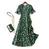 Zomer Vintage Groene Print Back Tie Chiffon V-hals Korte mouwen Slanke Lange Midi Wrap Tea Dress Casual 2021 Q0712