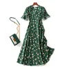 Sommer Vintage Green Print Back Krawatte Chiffon Vneck Shortsleeve Slim Long Midi Wrap Tee Kleid Casual 2021 Q07121071127