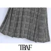 TRAF Women Fashion Pleated Houndstooth Pinafore Skirt Vintage V Neck Side Zipper Adjustable Straps Female Skirts Mujer 210415