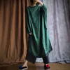 Johnature Autumn Dark Green Loose Batwing Sukienka Sukienka Pościel Casual Vintage Kobiety Retro O-Neck Plus Size Dress 210521