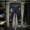 Men's Jeans Fashion Trendy Embroidery Letters Men College Boys Skinny Runway Zipper Denim Pants Destroyed Ripped Black White 211108