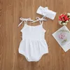 夏の服は、堅実な生まれたばかりの女の赤ちゃんコットンリネンボディスーツノースリーブストラップジャンプスーツヘッドバンド2PCS衣装ビーチウェア2079 Z2