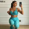 Kliou rayé deux pièces ensembles boucle col oblique bandage décolleté haut + vintage évasé corset taille haute pantalon sexy club streetwear 211105