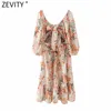 Women Tropical Floral Print Backless Bow Tied Mini Prairie Chic Puff Sleeve Vestido Ruffles Beach Dress DS4976 210416