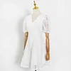 White Elegant Dress For Women V Neck Puff Short Sleeve High Waist Hollow Out Mini Dresses Female Fashion Style 210520