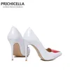 Dress Shoes PRICHICELLA white genuine leather thin high heel shoes with red heart women dress party wedding shoe plus size 220303