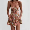 Lässiges florales Boho-elegantes französisches Kleid für Frauen, rosa Blumendruck, böhmischer Strandstil, Sommer, Mini-Rüschen, rückenfrei 210427